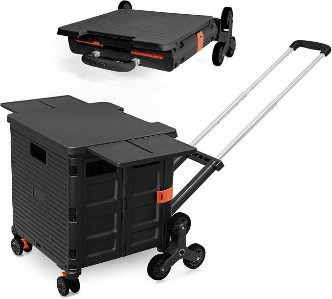Foldable Utility Cart Portable Crate Rolling Dolly with Telescopic Handle,Can be Pulled diagonally, Magnetic Retractable Lid, 360°Swivel Climbing Wheels for Shopping Carrying Groceries Move Black