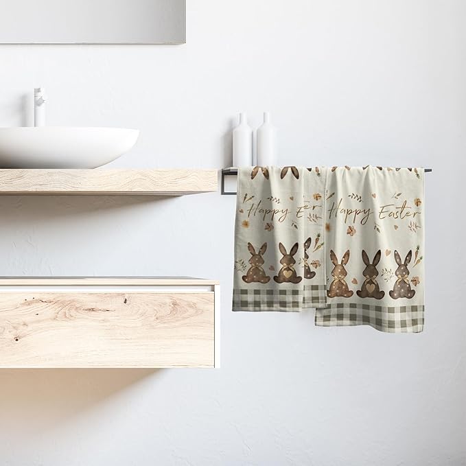 Giwawa Happy Easter Hand Towel Set of 2 Spring Cute Bunny Rabbits Egg Carrot Towel Brown Buffalo Plaids Quick Drying Dish Wash Cloth for Hotel Bathroom Gym Home Spa Holiday Decor