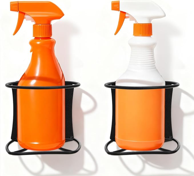 Okllen 4 Pack Spray Bottle Holder, Heavy Duty Metal Wall Mount Spray Can Holder for Garage, Workshop, Craft & Kitchen Bottle Storage Rack, Easy Install with Hardware, Black