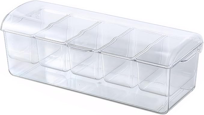 Gcroet Chilled Condiment Server with Lid 5 Compartment Condiment Tray with Ice Chamber and Handle Food Grade PET Transparent Caddy for Bar Party ...