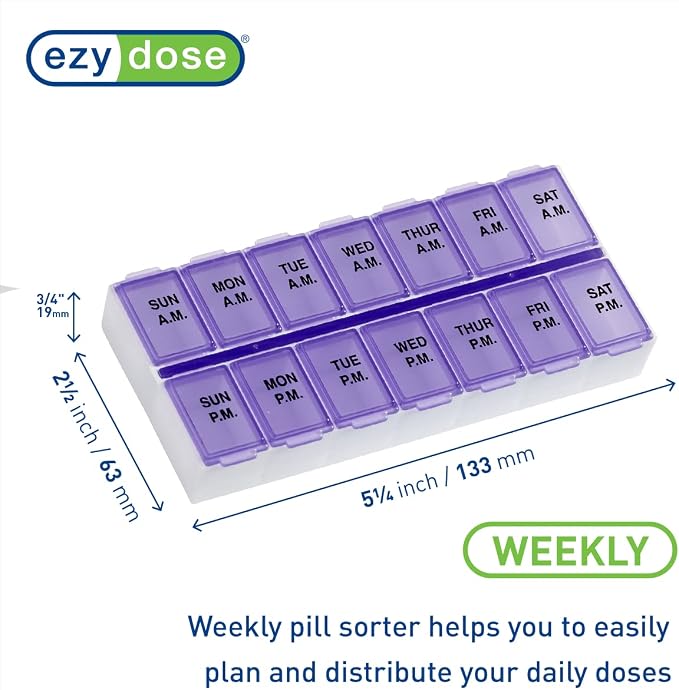 Ezy Dose Weekly (7-Day) AM/PM Pill Organizer, Vitamin Case, and Medicine Box, Medium Compartments, 2 Times a Day, Purple (Pack of 2)