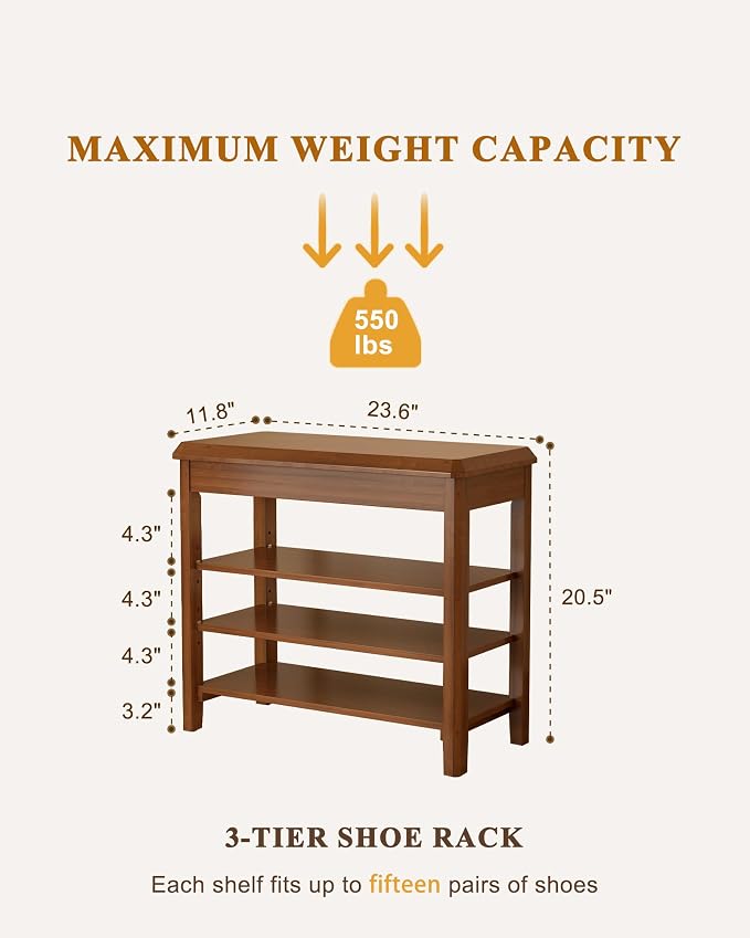 IUNVR Shoe Rack Bench Seat Rubberwood 3-Tier Wooden Storage Bench 550lbs Compact Mid-Century Modern Design for Entryway, Hallway, Closet, Front Door Entrance, Foyer