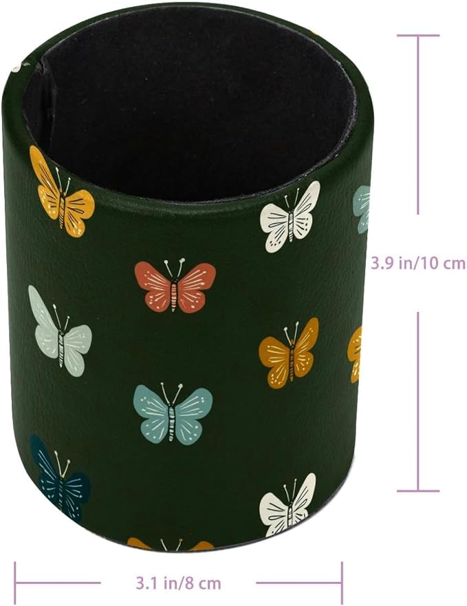 Faux Leather Pen Holder for Desk, Pencil Organizer Butterfly Pen Cup Desk Decor Makeup Brush Holder Storage for Office Home