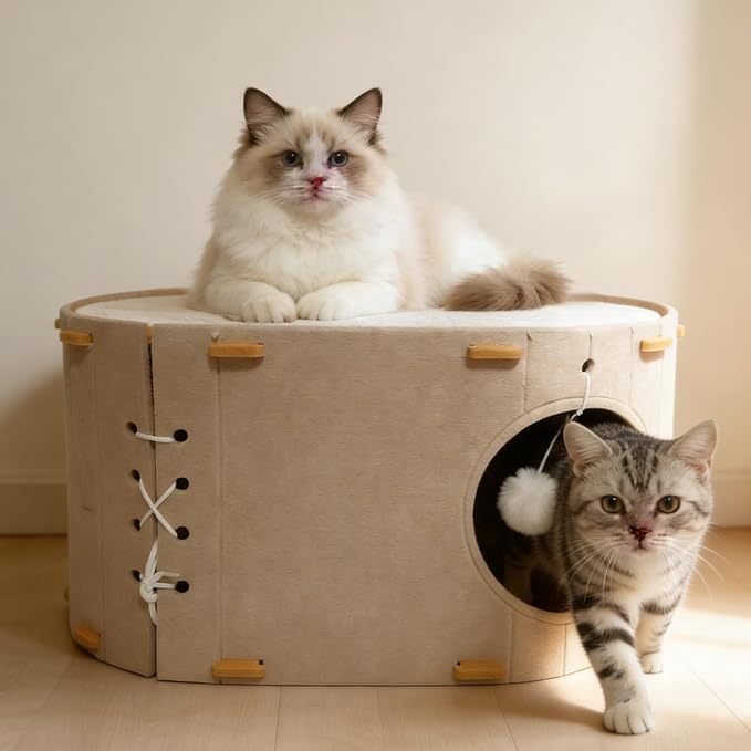 Cat House for Indoor Cats - Foldable Cat Bed Cave with Scratch-Resistant Felt Cats Tunnel Bed Condo & Hanging Fluffy Ball | Cozy Spacious Hideaway for Multi-Cats| Durable & Easy to Store, Cream