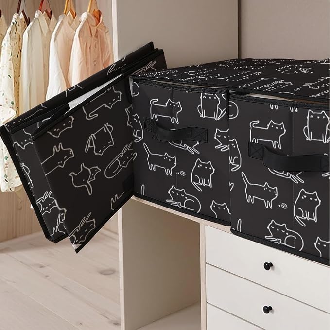 Stackable Clothes Storage Bins with Lids 3 Pack. | Closet Organizers Fabric Cat Printing Box for Home and Office,Blanket Clothes Organizers,Under Bed Storage Containers