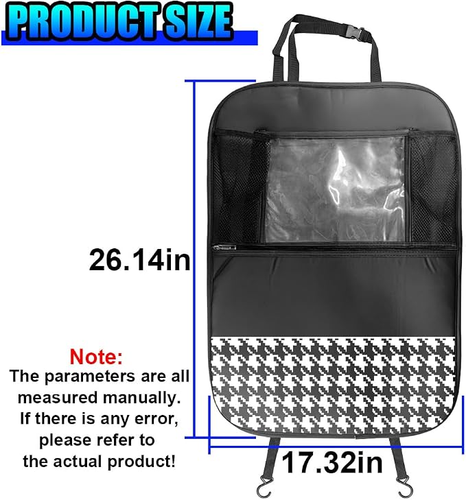 Car Kick Mats Back Seat Protector, Multifunctional Leather Car Rear Seat Hanging Storage Bag, Easy-to-Clean Auto Interior Backseat Organizer Accessory for SUVs, Trucks, Cars (Grid)