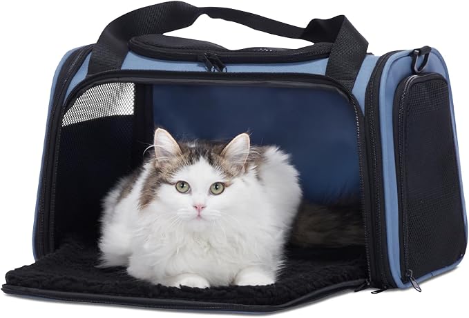 PETSFIT Pet Carrier, Blue, Small and Medium Cats, Puppies Up to 12 Lbs | Dog Carrier, Airline Approved, Collapsible Soft Sided, TSA Approved, Cat Travel Carrier