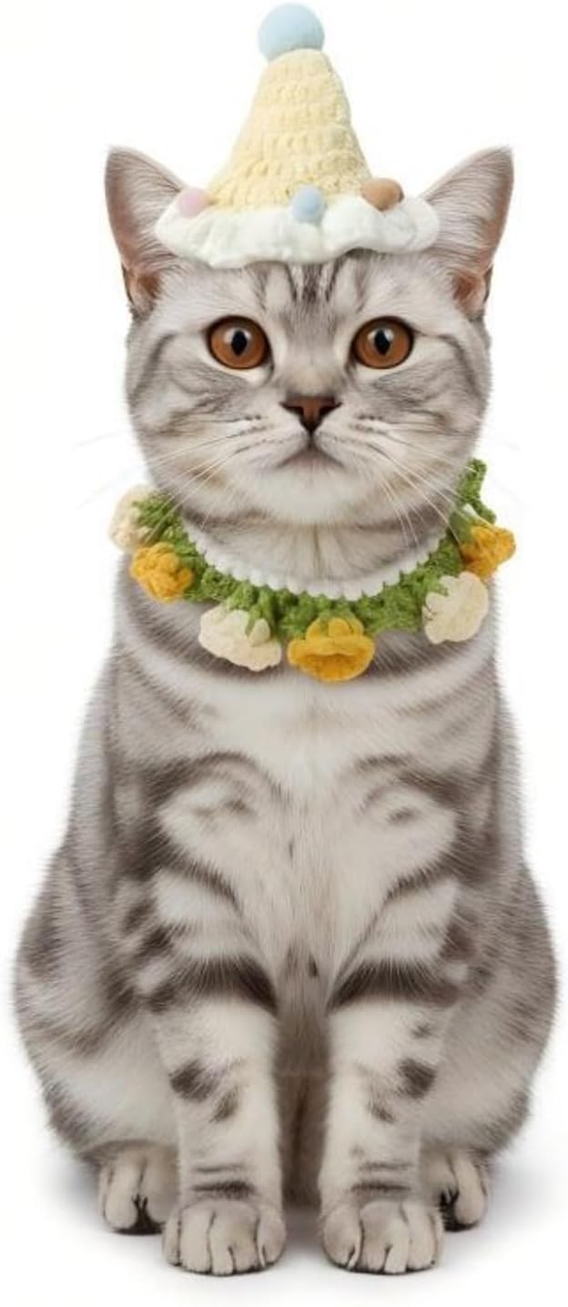 Handmade Knit Cat Outfit – Adjustable Birthday Hat & Floral Wreath Dog Costume for Dogs and Cats, Cute Photo Cat Costume for Party, Holiday, Daily Wear