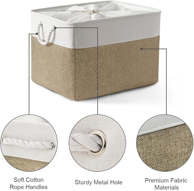 Organization Basket - 20x16x14 inch Jumbo 3 Pack Collapsible Storage Bins for Shelves, Fabric Storage Cubes for Closet Organizer Gift Toy (White & Khaki)