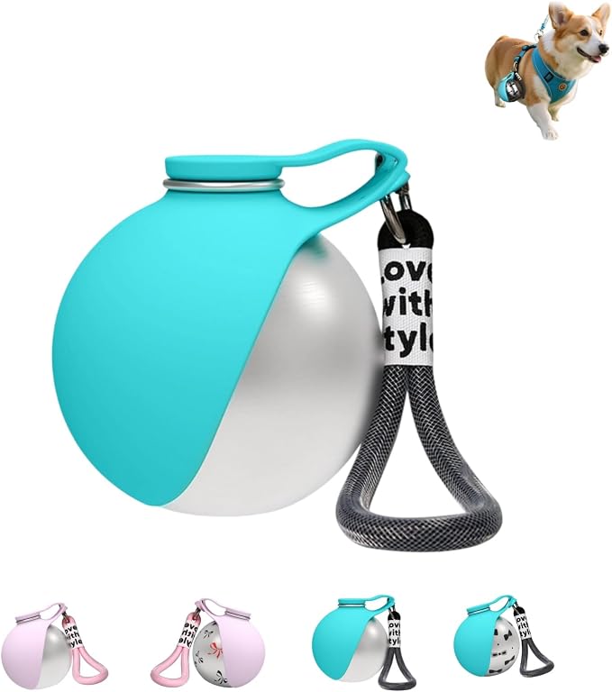 Ball-Shaped Dog Water Bottle, Stainless Steel Portable Pet Waterer with Food-Grade Foldable Silicone Bowl, Leak-Proof & Lightweight Puppy Drinking Flask for Walking, Hiking (C)