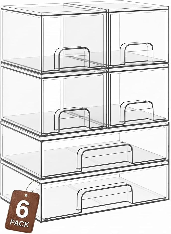 Clear Stackable Storage Drawers, Acrylic Bathroom Makeup Organizer, Plastic Bins for Art Tool & Sketch, Sturdy and Durable Containers for Countertop, Cabinet, Vanity, Pantry Organization