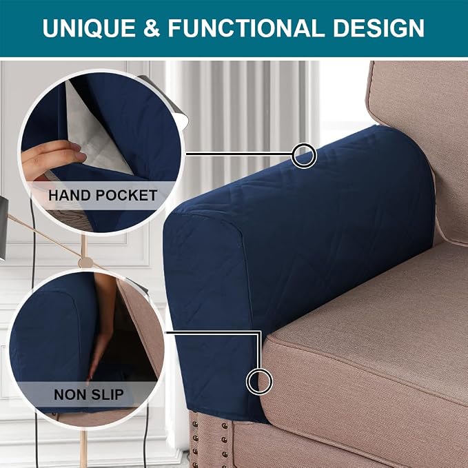 2-Pack Waterproof Armrest Covers for Couches & Chairs – Anti-Slip Furniture Protectors with Side Pockets, Washable Sofa Arm Covers, Universal Stretch Fit (Fits Most Armrests) (Navy)