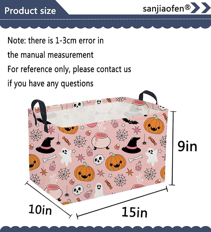 Sanjiaofeng Rectangular Pink Halloween Horror Ghost Storage Basket,Scary Pumpkin Basket,Halloweens Party Baskets,Halloween Candy Storage Baskets with Handles(Smiley Pumpkin)