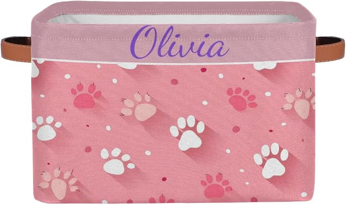 Personalized Name Storage Basket Handles for Girls, Canvas Storage Bins Toys Clothes Organizer for Bedroom, Kitchen, Bathroom, Nursery, Shelves, Closets, White Pink Dog Paw Print Pattern