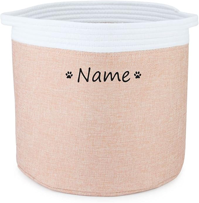Personalized Dog Toy Storage Basket Bin Collapsible Customized Pet's Name Round Storage, Organizer for Dog Toys、Clothing、Apparel & Accessories with Box (Paw White Pink )