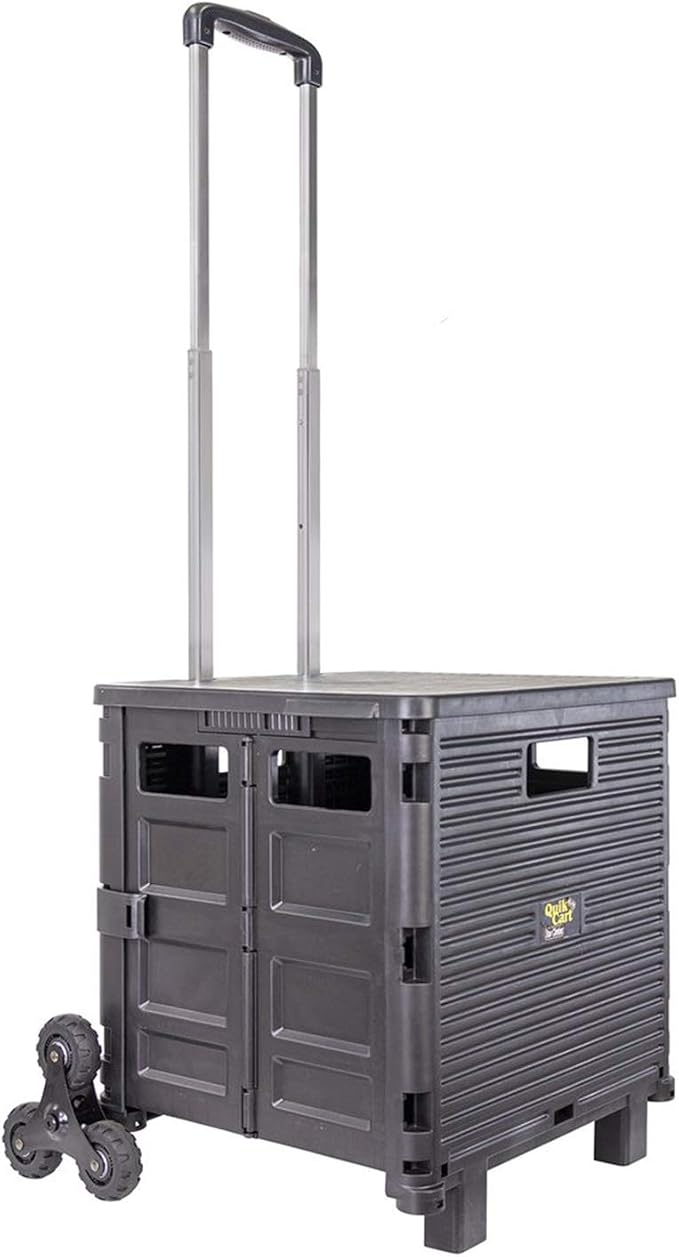 dbest Products Quik Cart Elite Stair Climber Rolling Crate - Black | Collapsible, with Wheels, 120 lbs Capacity, Heavy Duty, Telescoping Handle, Folding Utility Cart with Seat