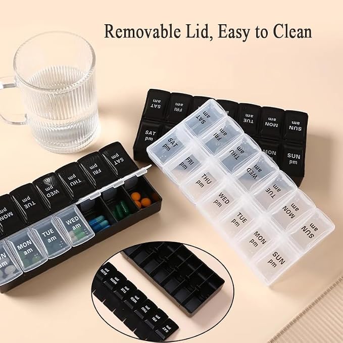 Travel Pill Organizer, Small Pill Case Holder Daily Medicine Box | Black 14 Compartment Container for Vitamin Supplement Pocket Pharmacy, Medicine Dispenser Purse Cute Tablet Meds Capsule