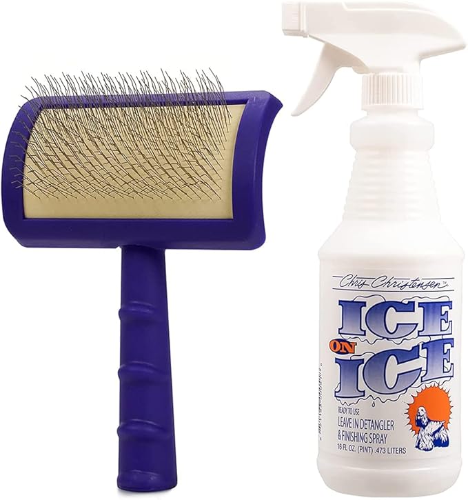 Chris Christensen Universal Slicker Brush and Ice on Ice Finishing Spray Grooming Bundle - Purple, Small - For All Breeds and Coat Types, Detangling, Extra Large Pins, Ready to Use, 16 oz