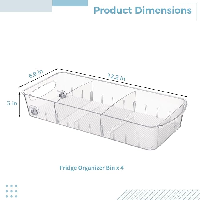 4 PCS Fridge Organizer Bins With Wheels, Roll Out Refrigerator Organizers Storage Refrigerator Drawers With Dividers, Plastic Pantry Storage Trays for Kitchen Organization