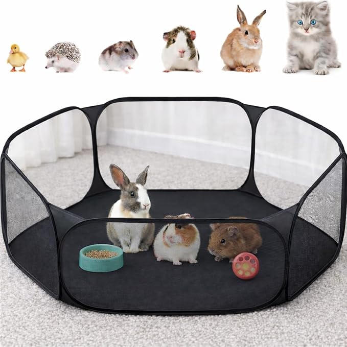 Amakunft Small Animal Playpen, Pop-Up Portable Play Yard for Guinea Pigs, Rabbits, Hamsters, Hedgehogs, Foldable Exercise Fence with Breathable Mesh for Indoor Outdoor Use | 47 x 24 x 15 in portable guinea pig play pen with breathable mesh, folds flat ...