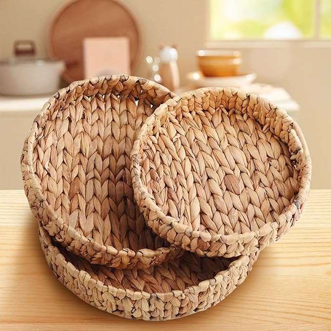 Wicker Storage Baskets Set of 3 Round 15'' x 15'' x 3'' | Hand-Woven Natural Water Hyacinth Storage Baskets Stackable Pantry Organizers and Storage for Shelves Bathroom Kitchen