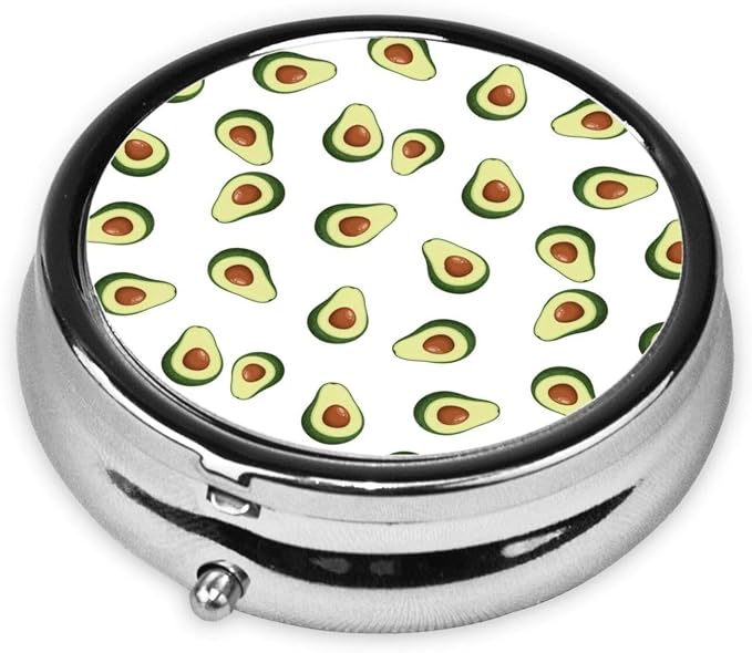Travel Pill Container, Avocado Repeating Pattern Round Metal Organizer, 3-Section Case for Medicine, Pocket Purse Dispenser for Business Travel