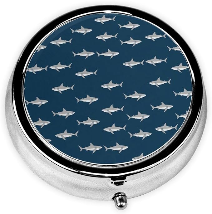 Travel Pill Case, Cute Shark Print Round Waterproof Organizer, Small Holder for Fish Oil, Portable Pill Box Purse Use for Daily Walks