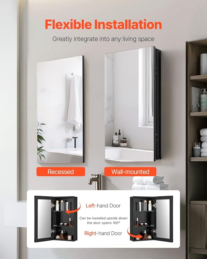VEVOR Medicine Cabinet, 14 x 24 inches, Medicine Cabinet for Bathroom with Mirror, Aluminum Frame Bathroom Wall Cabinet, 2-Layer Adjustable Shelves, Recessed & Wall-Mounted Installation