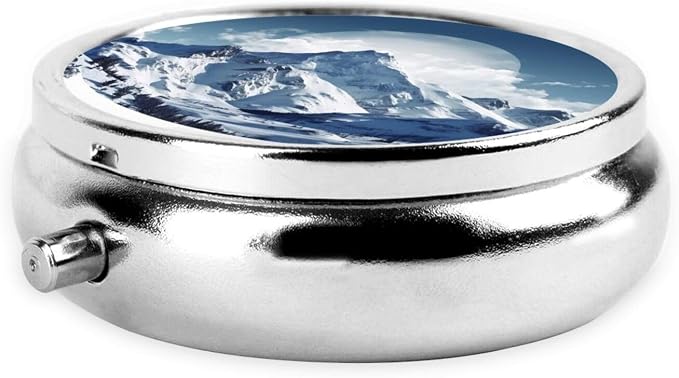 Round Pill Box Snow Mountain Pill Case for Purse & Pocket 3 Compartment Pill Organizer Portable Travel Pillbox Medicine Pill Holder Container for Daily Vitamin Cod Liver Oil Storage