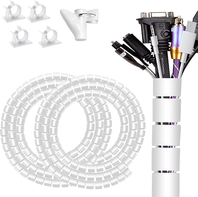 Large Cable Management White Computer Wire Sleeve Organizer Coiled Under Desk Tubes 2 PCS, 1.1 inch -5 ft EZ Spiral Cable Bundler Cover for TV Office, Pet Chew and Bite Proof Cable Protector