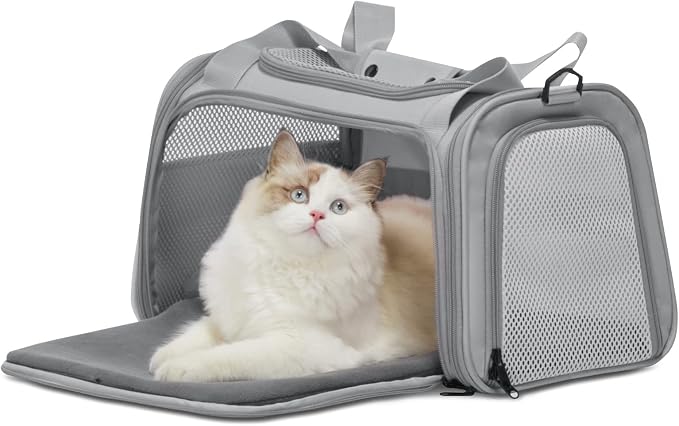 PETSFIT Cat Carrier, Grey, Small and Medium Cats Under 12 Lbs | Airline Approved, Soft Carrier, Soft Cat Travel Bag, Kitten Carrier with Extendable Mat