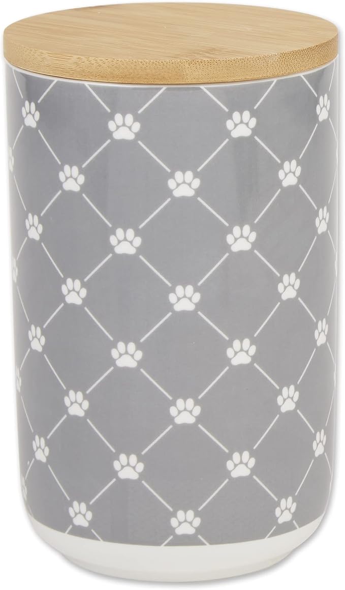 Bone Dry Trellis Paw Print Pet Treat Canister with Bamboo Lid Dog & Cat Treat Jar for Countertop Storage, Keep Training Bones & Biscuits Handy, 4x6.5 inches, Gray