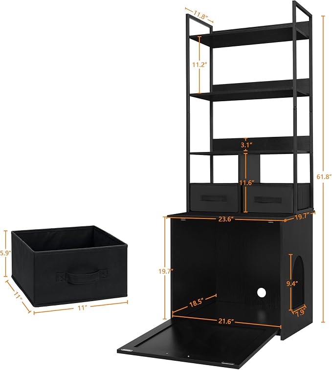 Dwanton Cat Litter Box Enclosure, 3 Storage Shelves and 2 Drawers, 61.8" H | 2-in-1 Hidden Cat Litter Box Enclosure Furniture with Shelf, Metal Frame, Reversible Entrance, Washable Drawers, Black