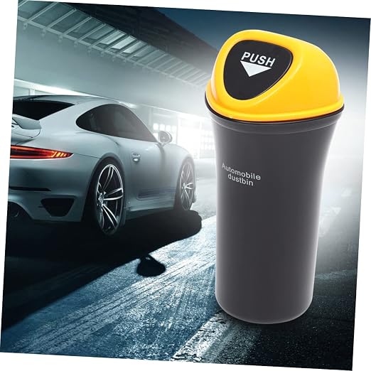 Portable Trash Can with Leakproof Cover Yellow Vehicle Garbage Bin with Hook Multi Functional Auto Organizer for Snacks Supplies and Pet Food Storage