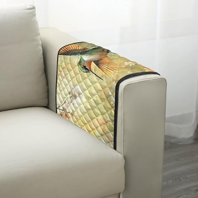 Hummingbird Sofa Armrest Covers Non-Slip Arm Rest Covers Washable Couch Arm Cover with 2 Pockets Dustproof Furniture Protector for Living Room Decoration