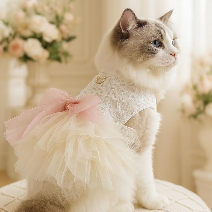 Dog and Cat Girl Bow Dress, White Dog D-Ring Wedding Dress with Pink Bow, Cat Birthday Set, Chihuahua York Pomeranian Cat Pet Party Dress (Pink Bow-Princess, Small)
