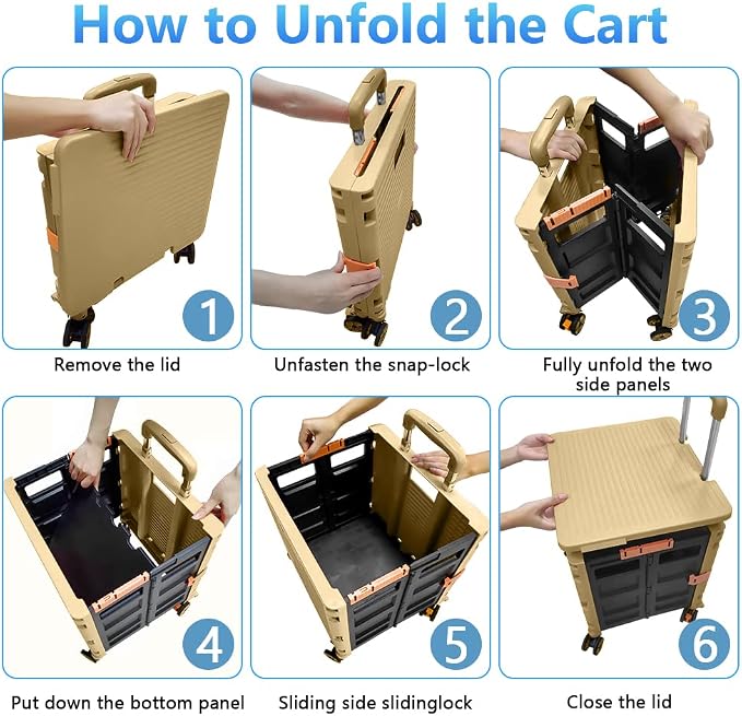 FELICON SELORSS Foldable Utility Cart Folding Portable Rolling Crate-Khaki | Durable,Heavy Duty,Plastic Box,Telescoping Handle,4 Rotate Wheels,Collapsible Handcart for Travel Shop Move Luggage Office