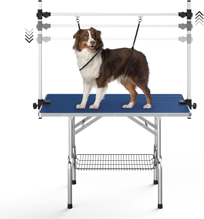 36'' Stainless Steel Pet Dog Grooming Table, Arm/Noose/Tray, Blue | Foldable Dog Grooming Table for Dogs at Home, Adjustable Height Arm, Non-Slip Waterproof Tabletop, Capacity 330Lb