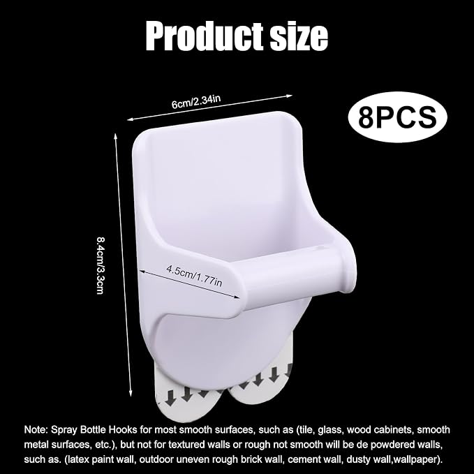 8Pcs Wall Mount Spray Bottle Holder,No Damage Strong Adhesive Bottle Hooks Spray Bottle Hanger,Spray Bottle Rack Organizer Hanger for Cabinet Kitchen Bathroom to Create Storage Space