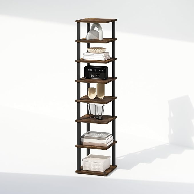 Furinno Turn-N-Tube Corner Shelf, 8-Tier Display Rack, Vertical Corner Storage Rack, Space Saving Organization and Storage, Entryway, Living Room, Closet, Amber Pine