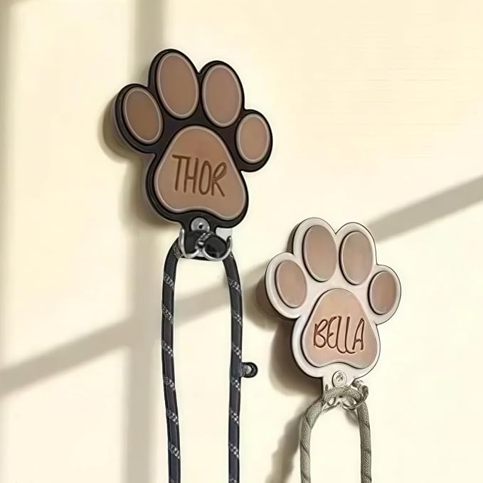 Personalized Dog Lead Holder, Solid Wood Paw Print Leash Hook, Entryway Farmhouse Engraved Pet Name Wall Hanger, Pet Decorative Signs and Plaques Gift for Dog Owners‌