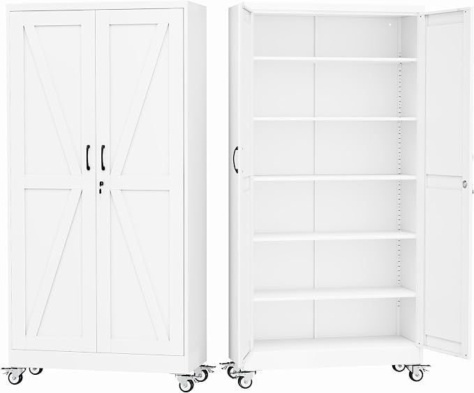 GAIOUS 73.6" Tall Metal Storage Cabinet with Lock and Wheels, File Cabinet | for Home Office, Garage Storage Cabinets with 2 Door and 5 Adjustable Shelves, Rolling Tool Cabinet, Utility Cabinet, White