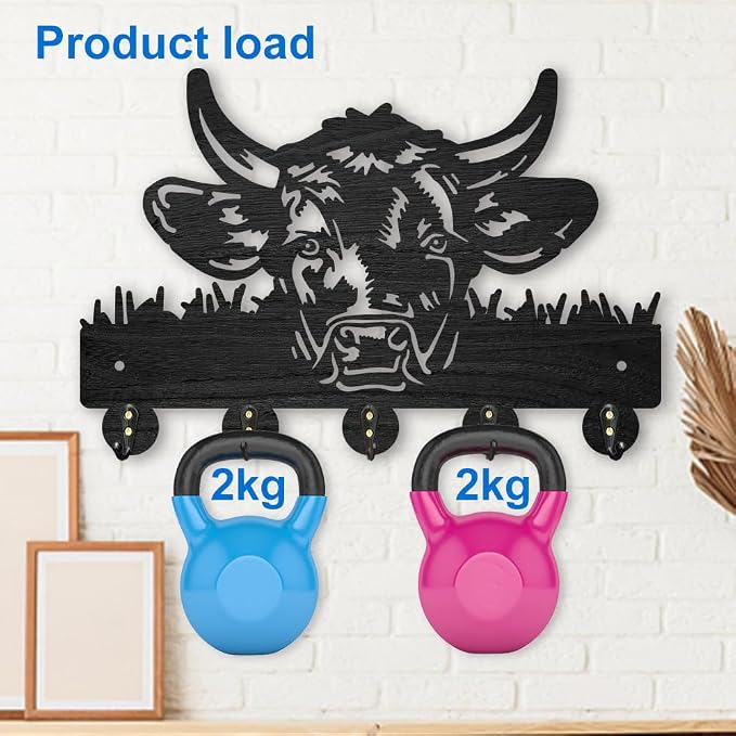 MAYJOYDIY Cow Coat Rack Wall Mount 11.8×7.9inch Wood Farm Animal Wall Art Decor Bull's Head Key Holder for Wall 5 Alloy Hooks Black Key Hanger Hat Towel Wall Hook for Entryway Living Room Bedroom Gift