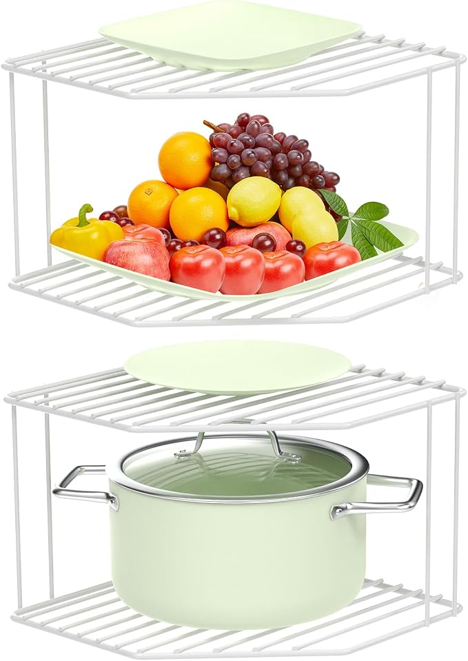 AKAZA 2Pcs 2-Tier Corner Stackable Organizer Shelf for Kitchen - Cabinet Storage Shelf Rack, Shelves，Kitchen Counter and Cabinet Shelf, Storage Rack Organizer (White)