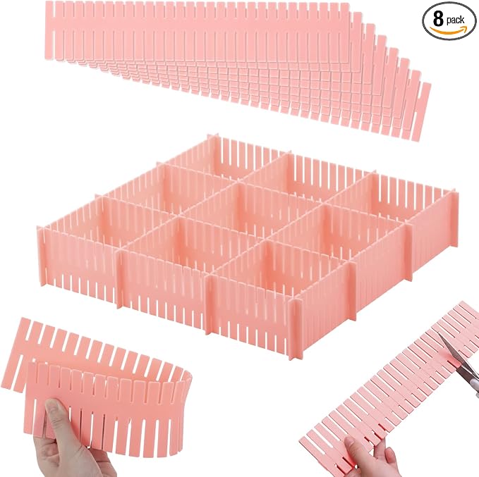 TWUTGAYW 14.5 in Pink DIY Grid Drawer Organizer for Socks, 8PC Adjustable Plastic Storage Drawers Divider, Drawer Organizer Grid Dividers, Pink Drawer Partitions for Tie, Bras, Underwear, Makeup