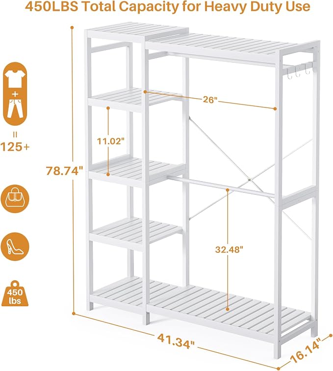 Bamboo Closet System Set of 2, 41.4” Wide Clothing Rack, Pure White | Freestanding Clothes Rack with 14 Adjustable Shelves, 4 Rods, 8 Hooks, Open Wardrobe Organizer, Wood Garment Rack for Bedroom