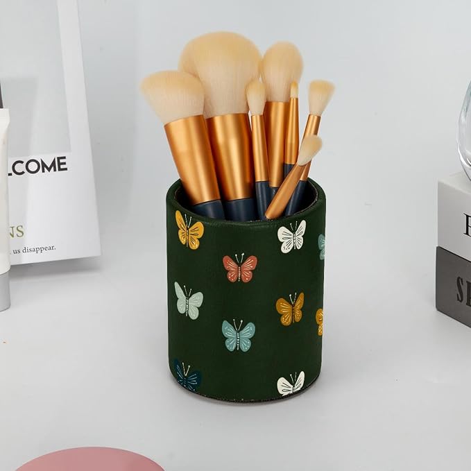 Faux Leather Pen Holder for Desk, Pencil Organizer Butterfly Pen Cup Desk Decor Makeup Brush Holder Storage for Office Home