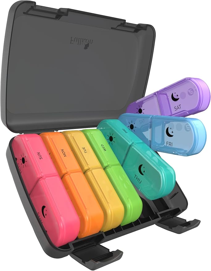 Fullicon Large Portable Pill Organizer 2 Times a Day, Black Rainbow | Each Compartment Holds 10 Fish Oils or 16 Vitamins, Lid Stays Open Reliably, Double Secure Lock, Durable Hinges, Fits Purse