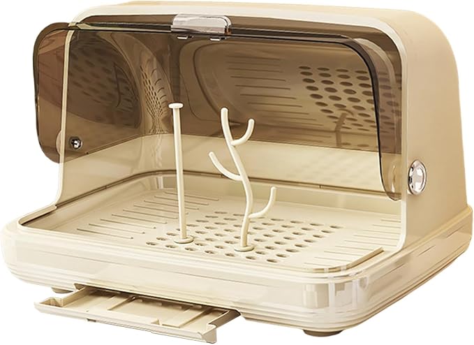 harayaa Rack Rack with Cover Storage Box Organizer Portable PET Material Dustproof Dish Drainer Easy to Clean for Nursery Suitable, Light Khaki Large