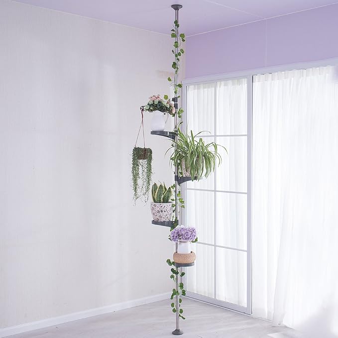 BAOYOUNI Plant Stand 5-Tier Tension Rod Pole Flower Holder Rack ，Grey | Indoor Vertical Garden Shelf，Space-Saving Corner Organizer,Adjustable Height for Flower Display Rack 4 Trays&1 Hook